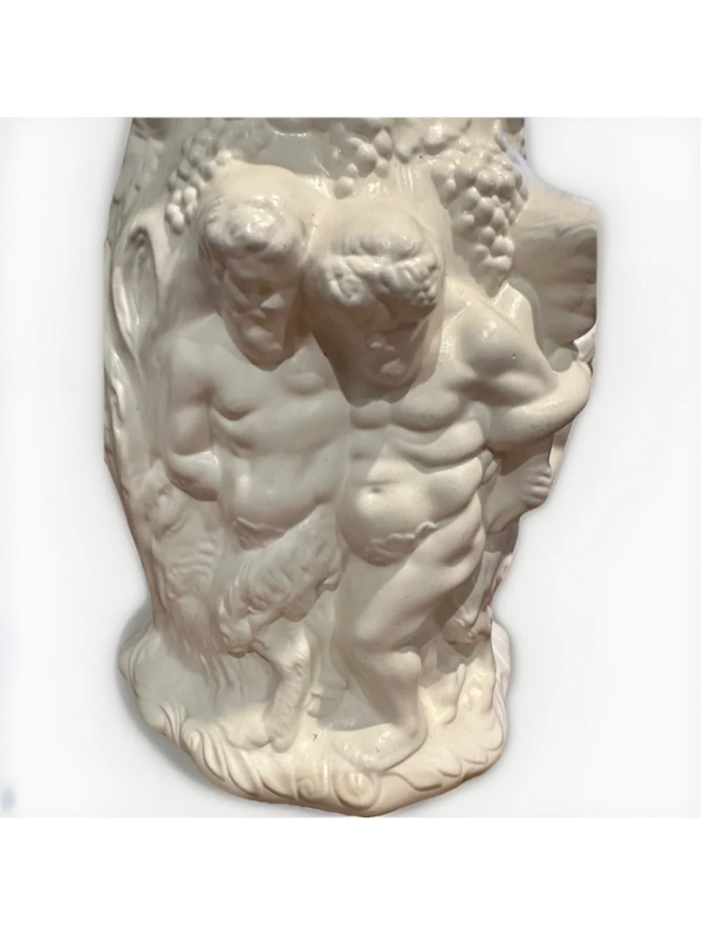 Vintage Cream White Ceramic Cherub Pitcher | Bacchanalian Putti Relief Vase Jug